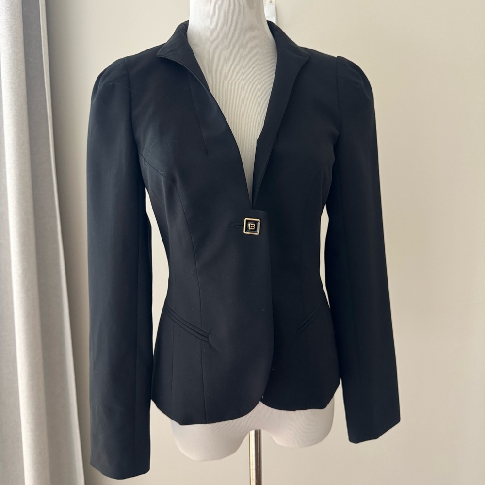 Trina Turk Women 0 Black Knit Wool Single Breasted Jacket Blazer Lined USA Vtg